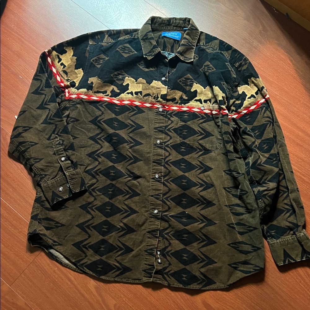 Natural Reflections‎ Brown western horses AOP Camouflage boxy shirt size L